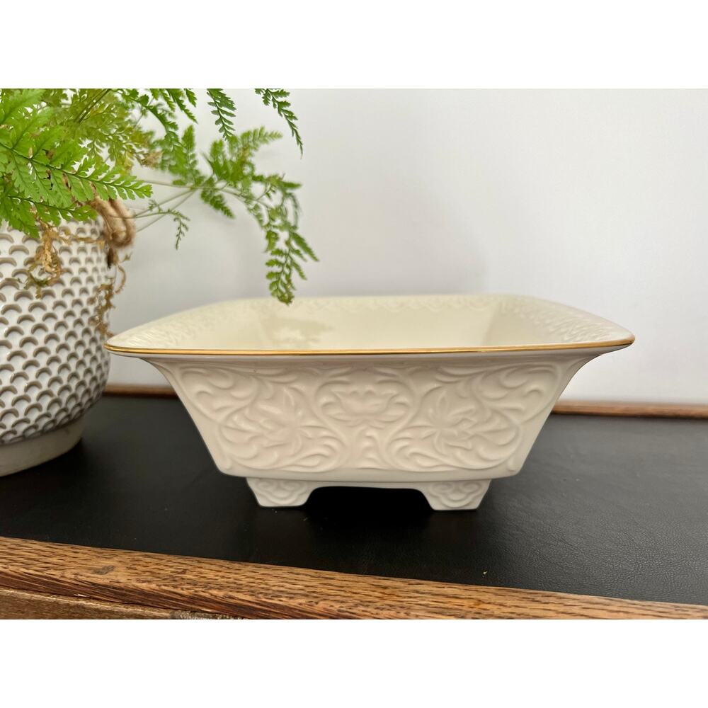 LENOX: Vintage Persian Square 9" Bowl Footed with Gold Trim and Embossed Scrolls